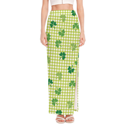 St. Patrick's Day Buffalo Plaid Print High Slit Maxi Skirt