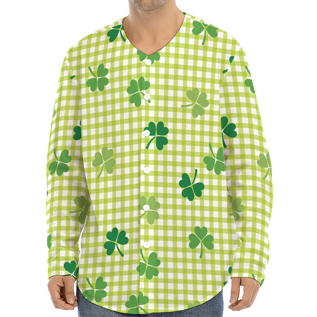 St. Patrick's Day Buffalo Plaid Print Long Sleeve Baseball Jersey