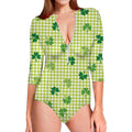 St. Patrick's Day Buffalo Plaid Print Long Sleeve Swimsuit