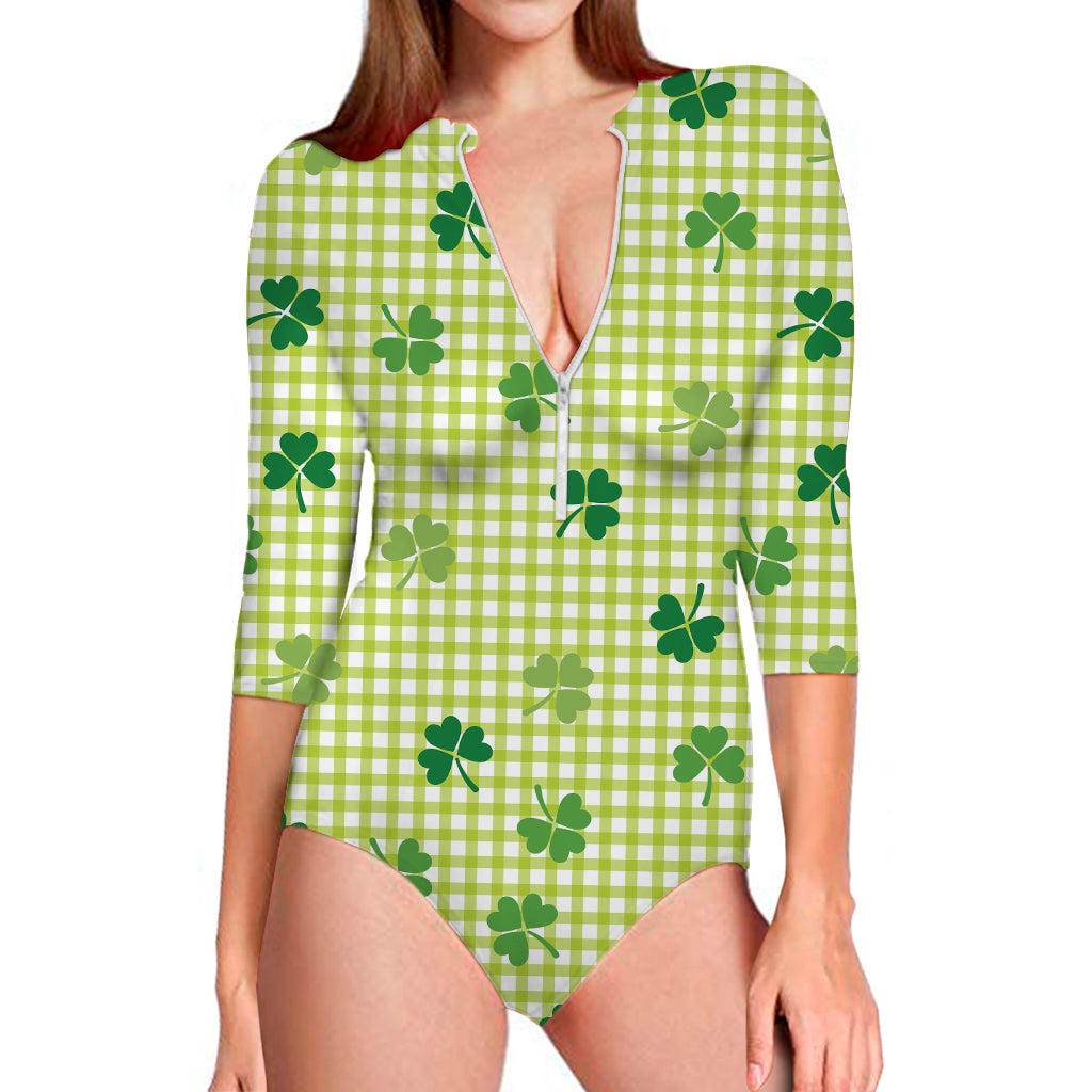 St. Patrick's Day Buffalo Plaid Print Long Sleeve Swimsuit