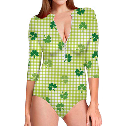 St. Patrick's Day Buffalo Plaid Print Long Sleeve Swimsuit