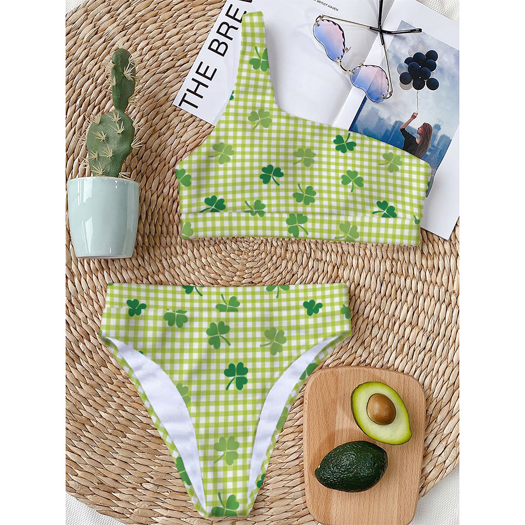 St. Patrick's Day Buffalo Plaid Print One Shoulder Bikini Top