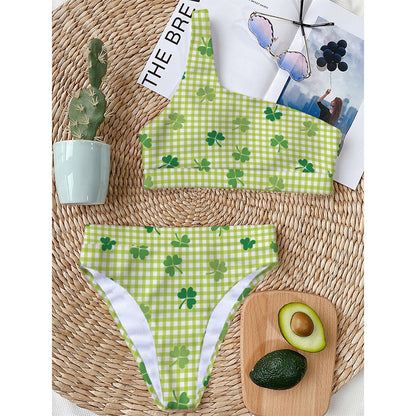 St. Patrick's Day Buffalo Plaid Print One Shoulder Bikini Top