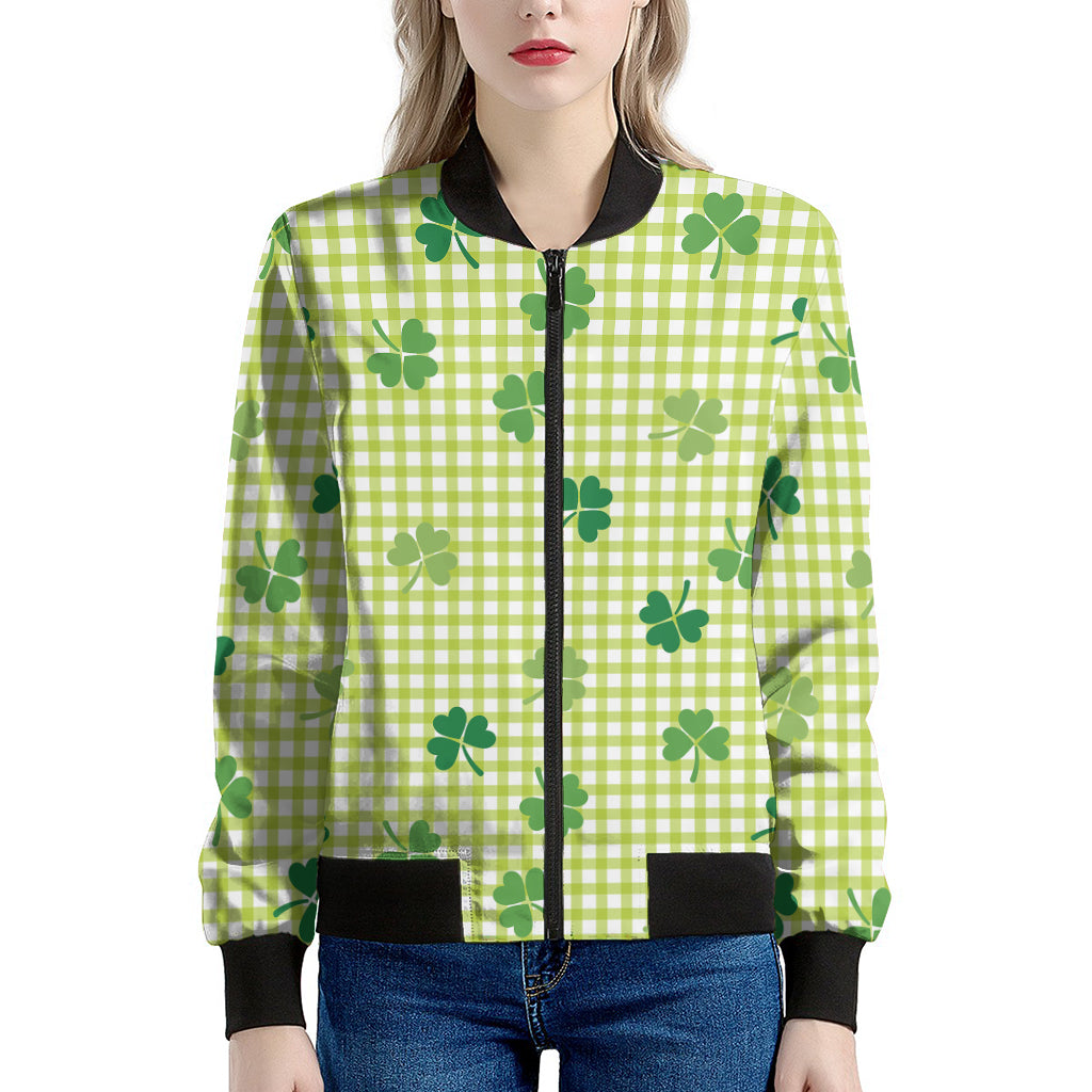 St. Patrick's Day Buffalo Plaid Print Women's Bomber Jacket