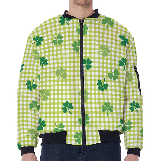St. Patrick's Day Buffalo Plaid Print Zip Sleeve Bomber Jacket