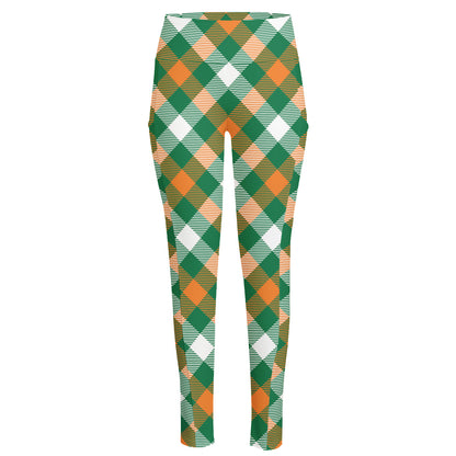 St. Patrick's Day Plaid Pattern Print High-Waisted Pocket Leggings