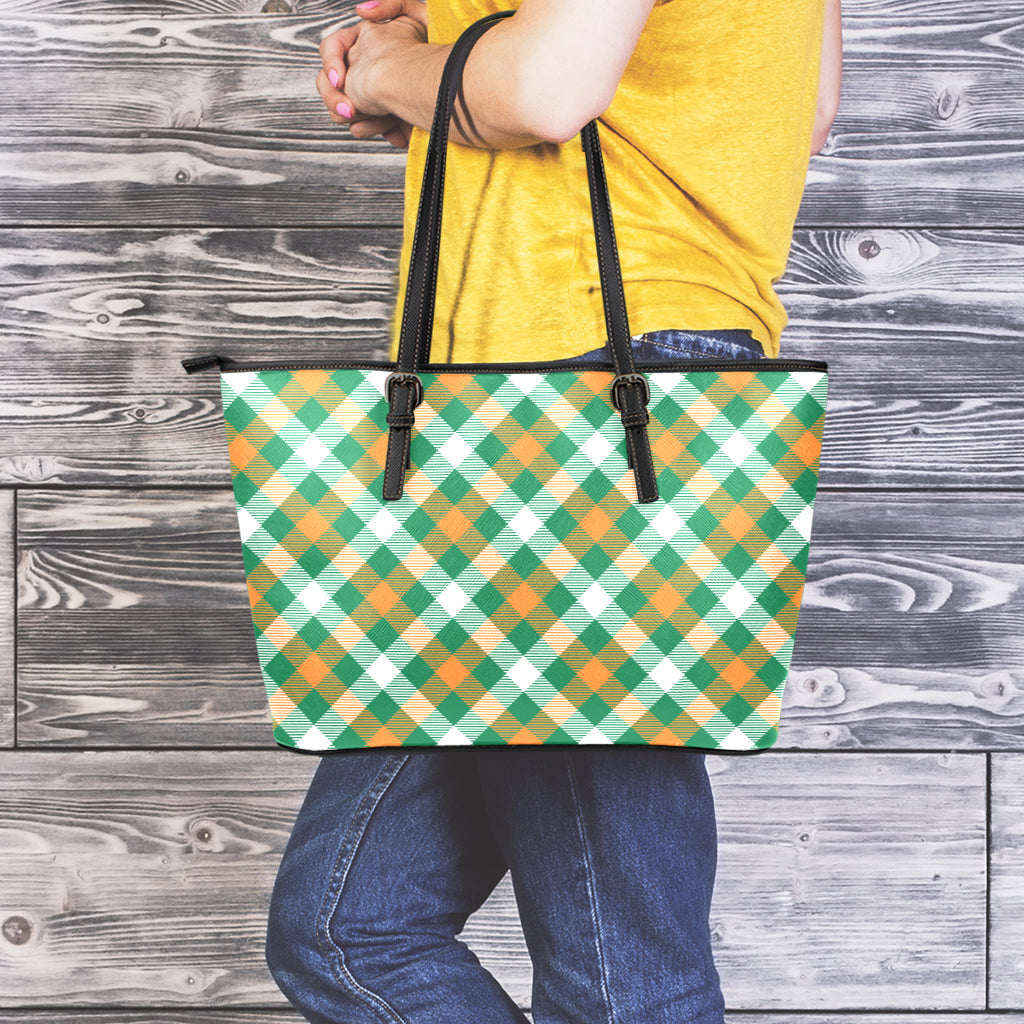 St. Patrick's Day Plaid Pattern Print Leather Tote Bag