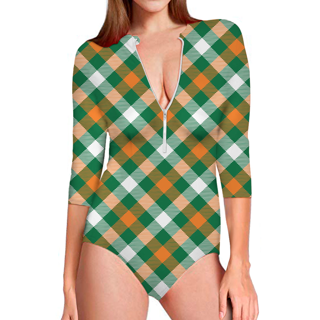 St. Patrick's Day Plaid Pattern Print Long Sleeve Swimsuit