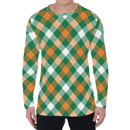 St. Patrick's Day Plaid Pattern Print Men's Long Sleeve T-Shirt