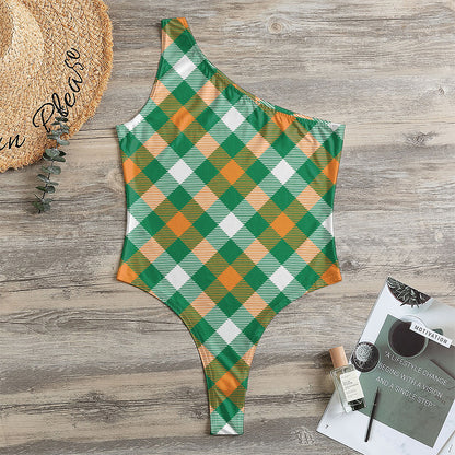 St. Patrick's Day Plaid Pattern Print One Shoulder Bodysuit