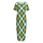 St. Patrick's Day Plaid Pattern Print Short Sleeve Long Nightdress