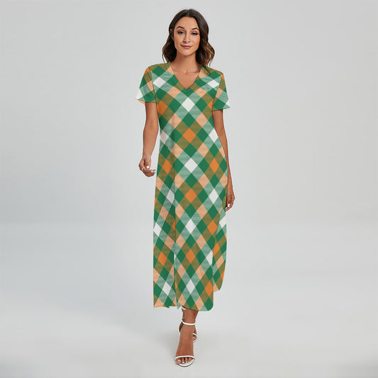 St. Patrick's Day Plaid Pattern Print Short Sleeve Maxi Dress