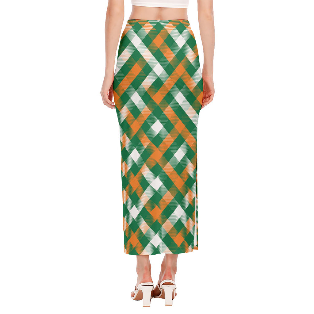 St. Patrick's Day Plaid Pattern Print Side Slit Maxi Skirt
