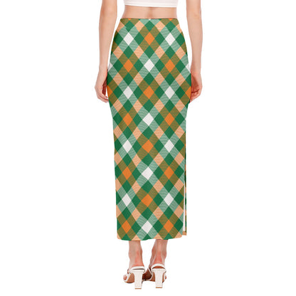 St. Patrick's Day Plaid Pattern Print Side Slit Maxi Skirt