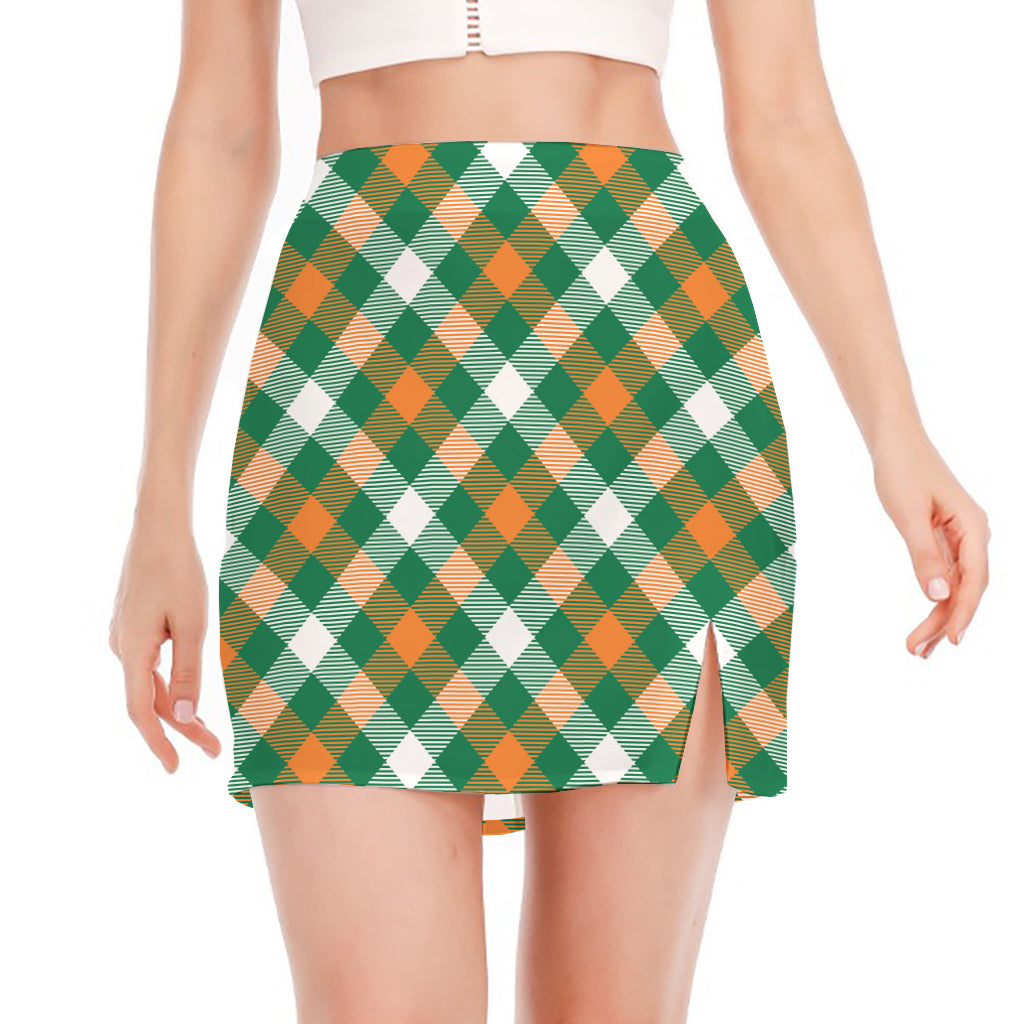 St. Patrick's Day Plaid Pattern Print Side Slit Mini Skirt