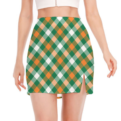 St. Patrick's Day Plaid Pattern Print Side Slit Mini Skirt