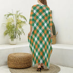 St. Patrick's Day Plaid Pattern Print Silk V-Neck Kaftan Dress