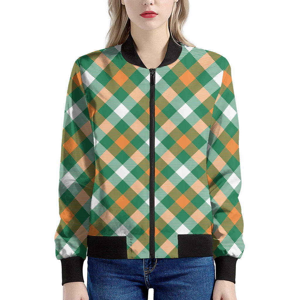 St. Patrick's Day Plaid Pattern Print Women's Bomber Jacket