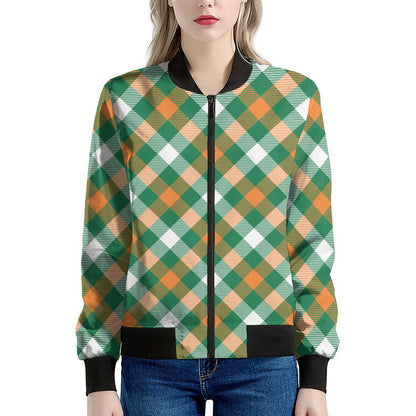 St. Patrick's Day Plaid Pattern Print Women's Bomber Jacket