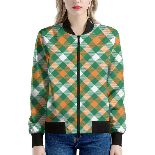St. Patrick's Day Plaid Pattern Print Women's Bomber Jacket