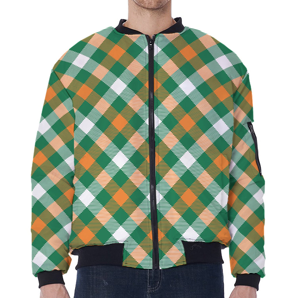 St. Patrick's Day Plaid Pattern Print Zip Sleeve Bomber Jacket