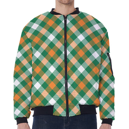 St. Patrick's Day Plaid Pattern Print Zip Sleeve Bomber Jacket