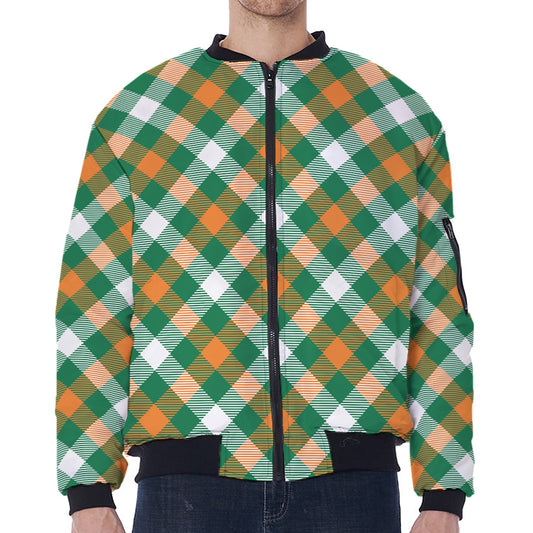 St. Patrick's Day Plaid Pattern Print Zip Sleeve Bomber Jacket