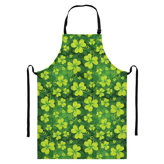 St. Patrick's Day Shamrock Pattern Print Bib Apron With Pocket