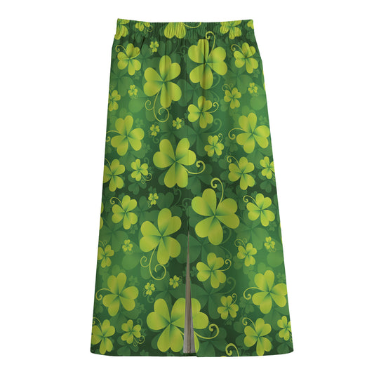 St. Patrick's Day Shamrock Pattern Print Cotton Front Slit Maxi Skirt