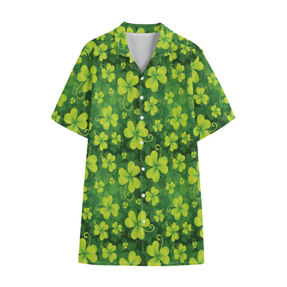 St. Patrick's Day Shamrock Pattern Print Cotton Hawaiian Shirt