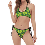 St. Patrick's Day Shamrock Pattern Print Halter Scoop Tie Side Bikini