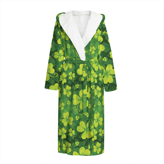 St. Patrick's Day Shamrock Pattern Print Hooded Bathrobe