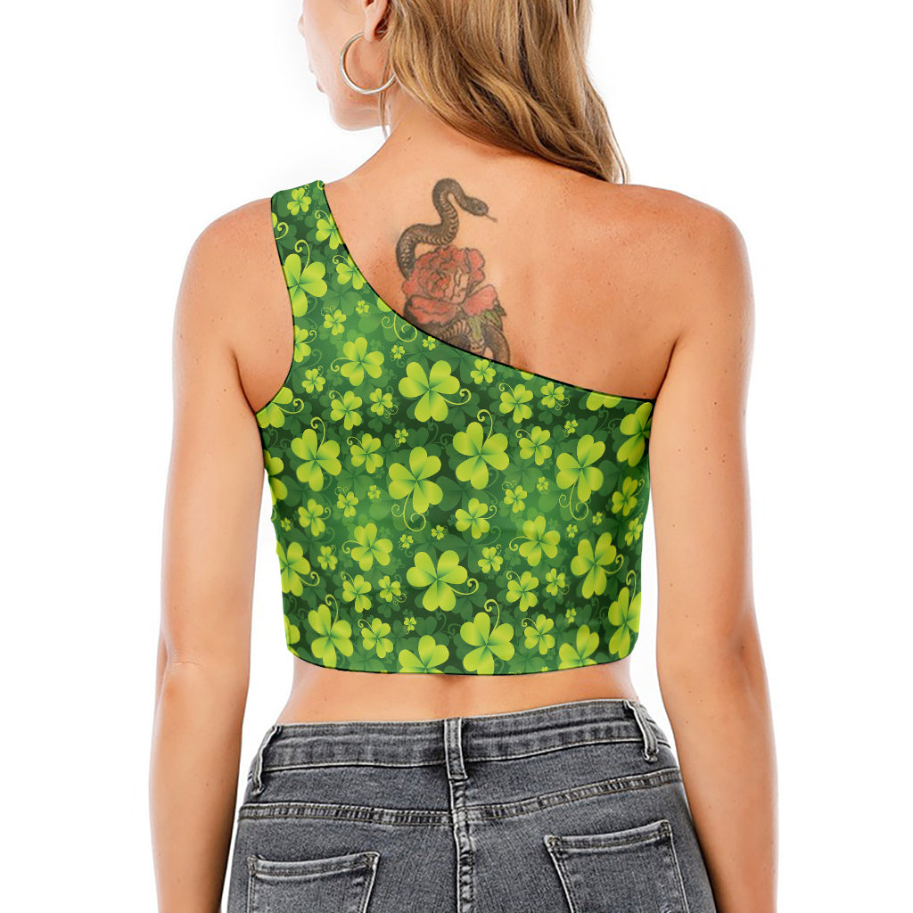 St. Patrick's Day Shamrock Pattern Print One Shoulder Crop Top