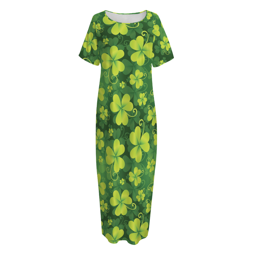 St. Patrick's Day Shamrock Pattern Print Short Sleeve Long Nightdress