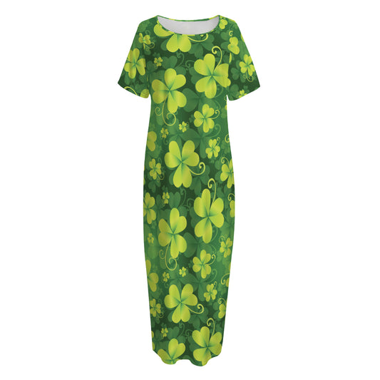 St. Patrick's Day Shamrock Pattern Print Short Sleeve Long Nightdress