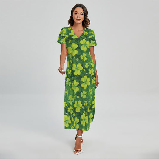 St. Patrick's Day Shamrock Pattern Print Short Sleeve Maxi Dress