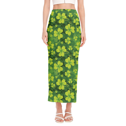 St. Patrick's Day Shamrock Pattern Print Side Slit Maxi Skirt