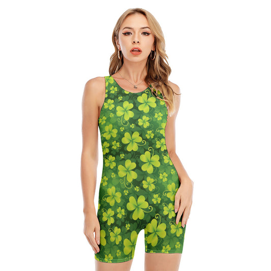 St. Patrick's Day Shamrock Pattern Print Sleeveless One Piece Swimsuit