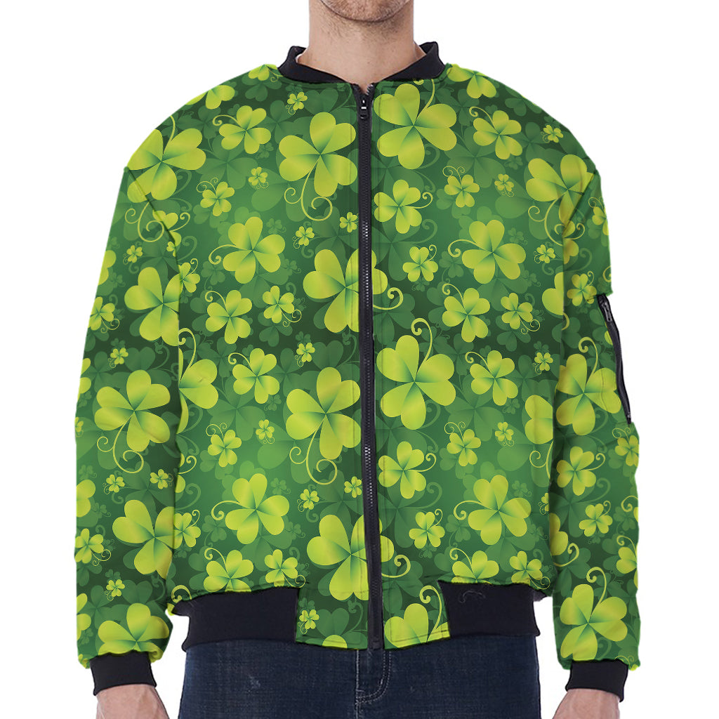 St. Patrick's Day Shamrock Pattern Print Zip Sleeve Bomber Jacket