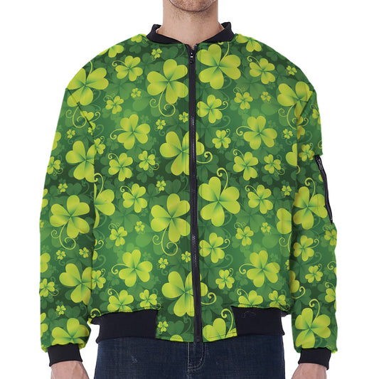 St. Patrick's Day Shamrock Pattern Print Zip Sleeve Bomber Jacket