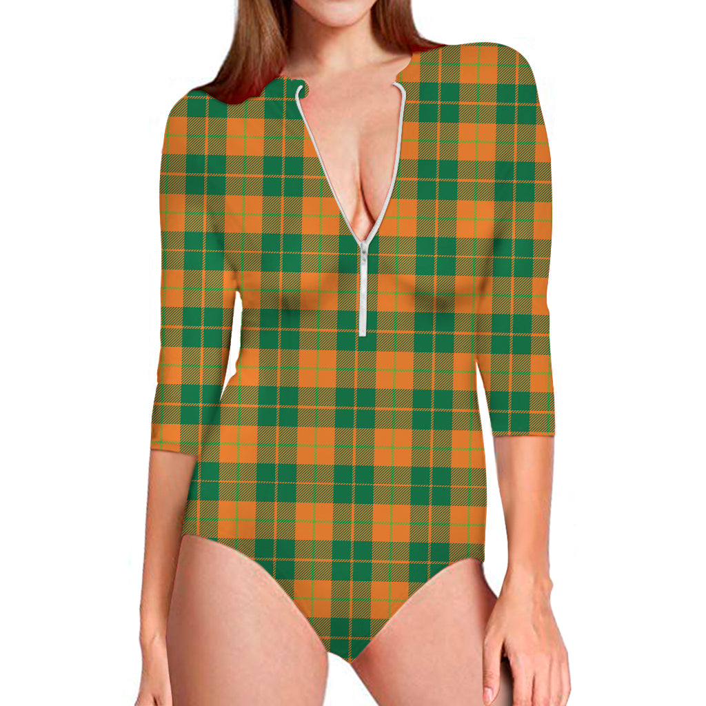 St. Patrick's Day Stewart Plaid Print Long Sleeve Swimsuit