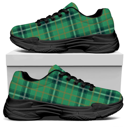 St. Patrick's Day Tartan Pattern Print Black Chunky Shoes