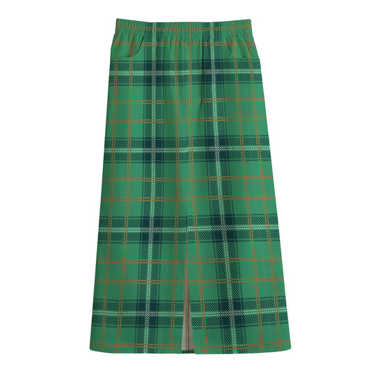 St. Patrick's Day Tartan Pattern Print Cotton Front Slit Maxi Skirt