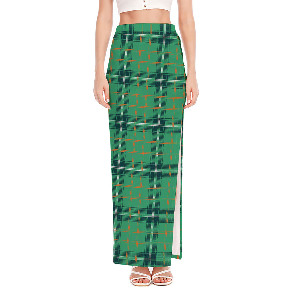 St. Patrick's Day Tartan Pattern Print High Slit Maxi Skirt