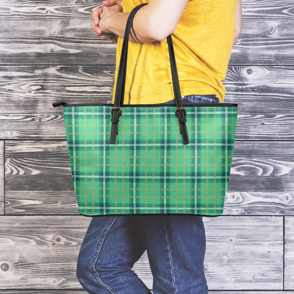 St. Patrick's Day Tartan Pattern Print Leather Tote Bag
