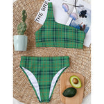 St. Patrick's Day Tartan Pattern Print One Shoulder Bikini Top