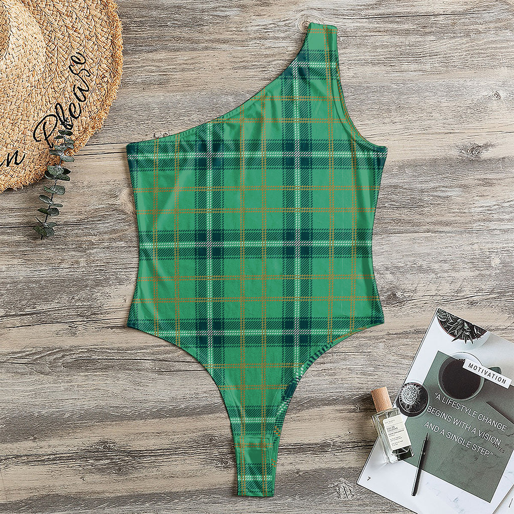 St. Patrick's Day Tartan Pattern Print One Shoulder Bodysuit