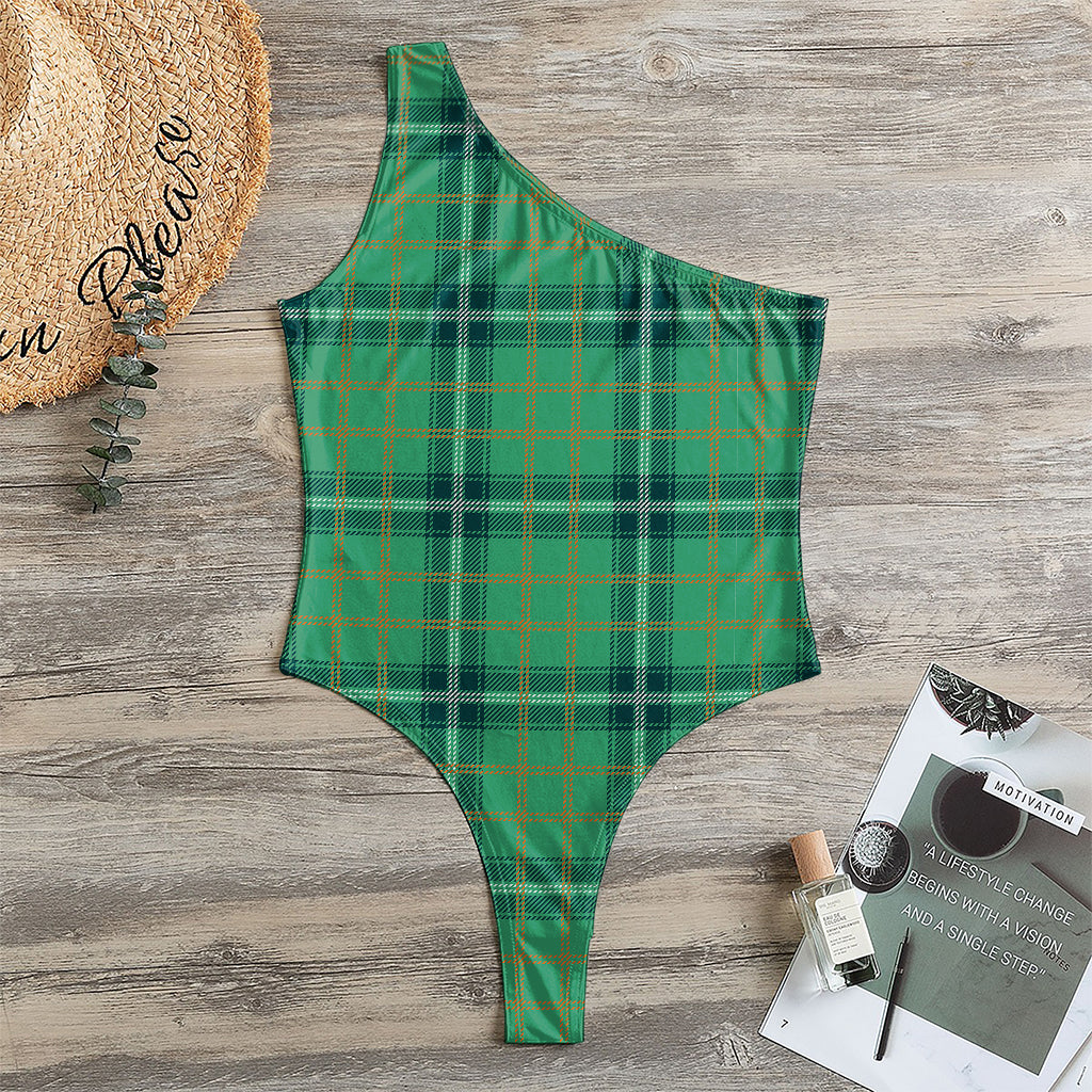St. Patrick's Day Tartan Pattern Print One Shoulder Bodysuit