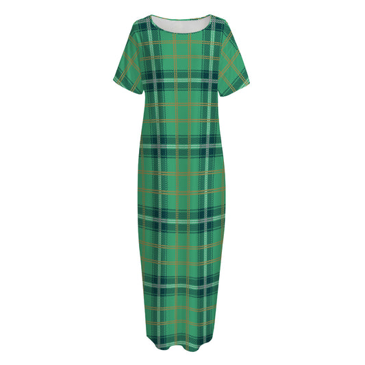 St. Patrick's Day Tartan Pattern Print Short Sleeve Long Nightdress