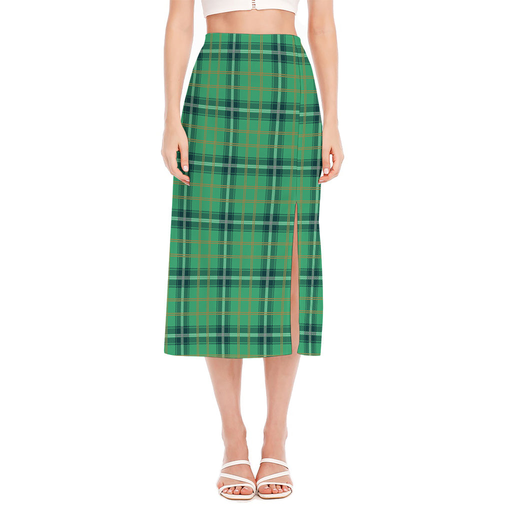 St. Patrick's Day Tartan Pattern Print Side Slit Midi Skirt